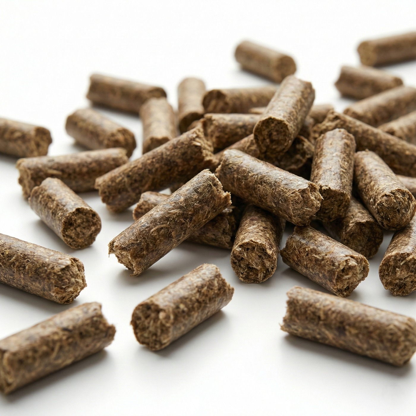 Vedere de aproape a texturii peletate (granule cilindrice) a furajului pentru iepuri Cuni Fit Plus Versele-Laga, bogate în fibre