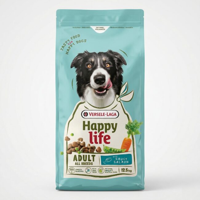 Sac de 12.5 kg cu hrana uscata pentru caini adulti Versele-Laga Happy Life cu somon.