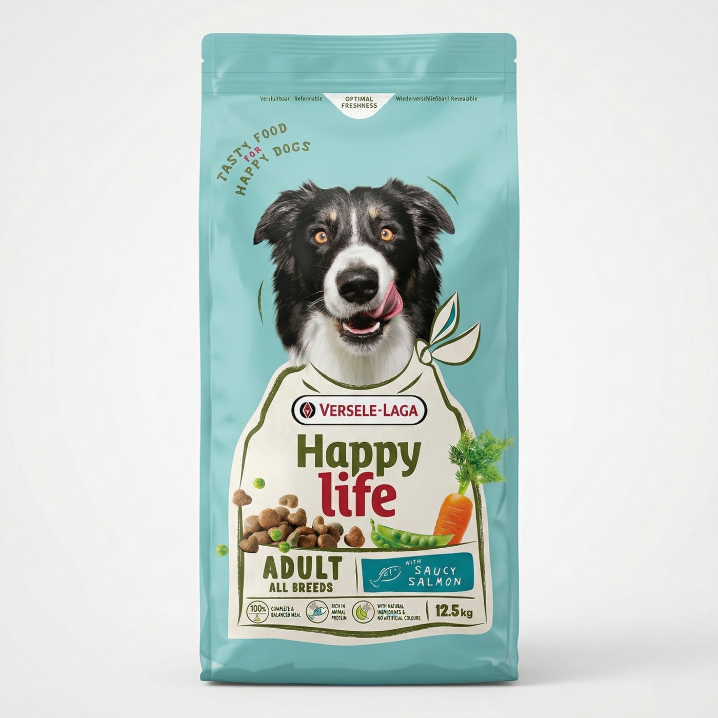 Sac de 12.5 kg cu hrana uscata pentru caini adulti Versele-Laga Happy Life cu somon.