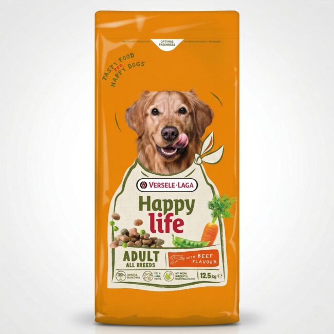 Sac 12.5 kg cu hrana caini Versele-Laga Happy Life cu aroma de vita.