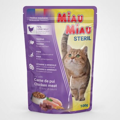 hrana umeda pisici miau miau sterilizate pui plic 100g