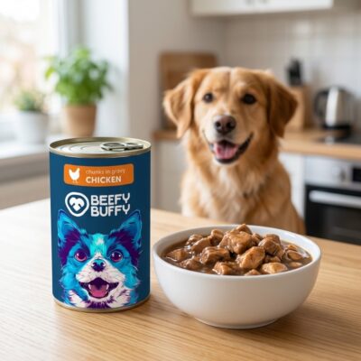 Beefy Buffy Hrană Umedă Super Premium pentru Câini, 71% Carne, cu Pui, Conservă 415 g