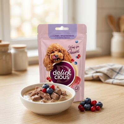 Delickcious Desert pentru Câini, Bucăți de Miel și Fructe de Pădure în Sos Cremos, Plic 80 g