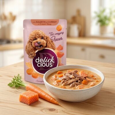 Delickcious Hrană Umedă pentru Câini, Fâșii de Somon și Morcov în Supă Cremoasă, Plic 85 g