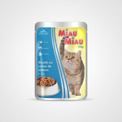 Miau Miau Somon 100g - plic cu bucăți de somon în sos pentru pisici