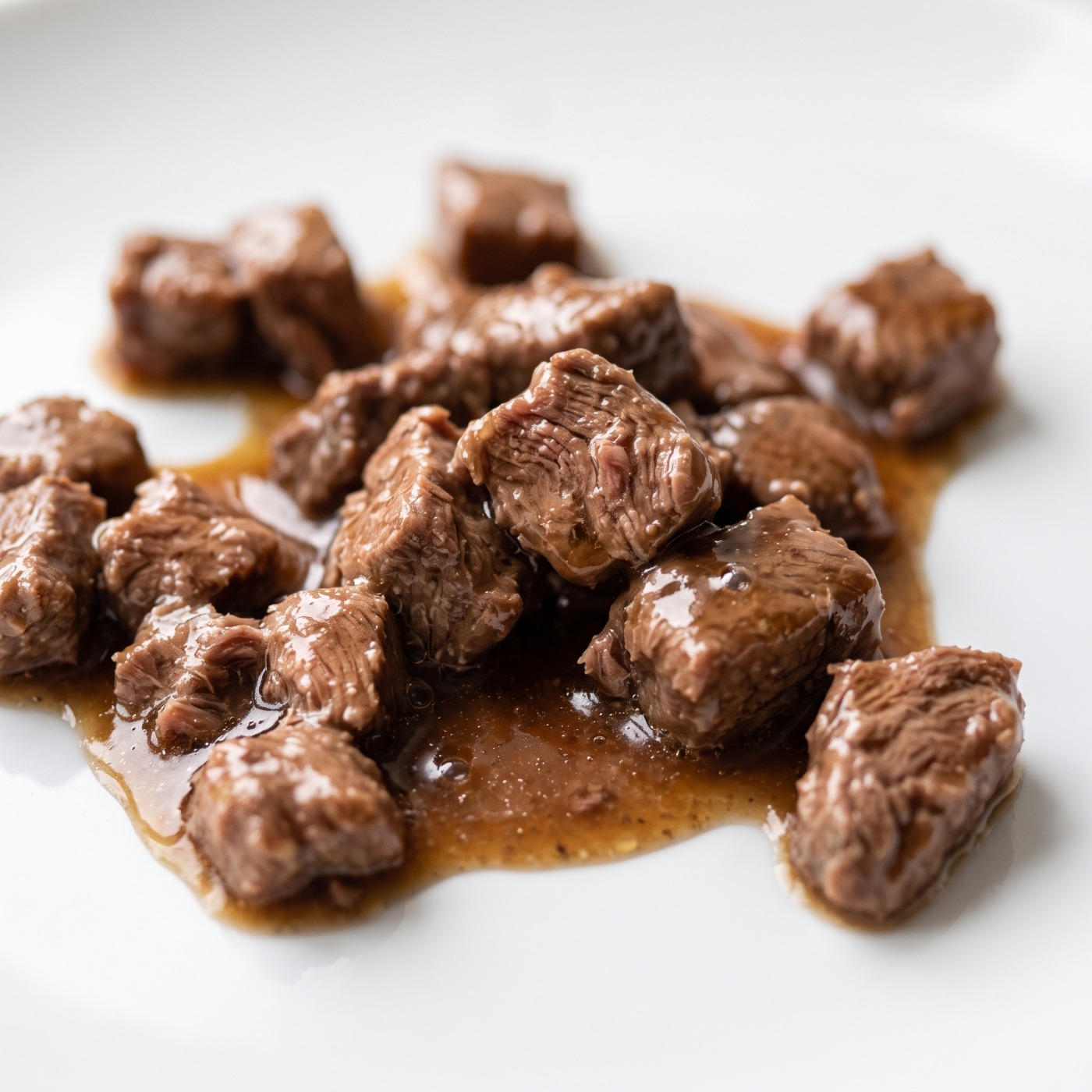 Bucăți de carne de vită în sos, prim-plan, hrană umedă Miau Miau Vită pentru pisici