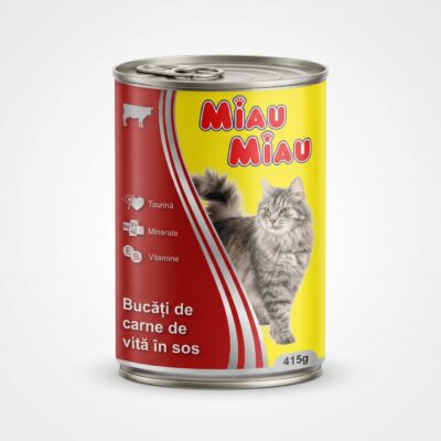 Conservă Miau Miau Vită 415 g, hrană umedă pentru pisici adulte cu bucăți de carne de vită în sos
