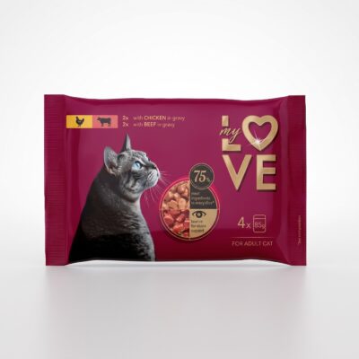 My Love Pui și Vită set 4x85 g hrană umedă pentru pisici adulte în sos