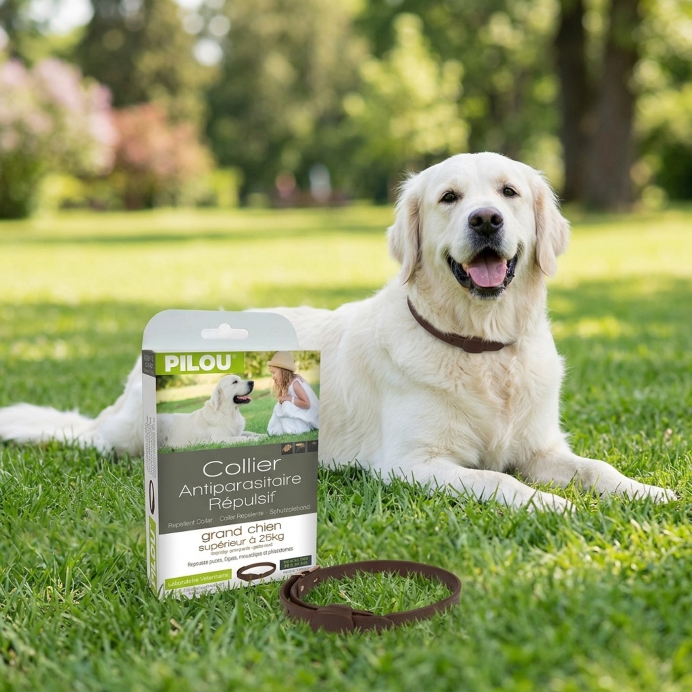 Caine de talie mare golden retriever purtand zgarda antiparazitara Pilou