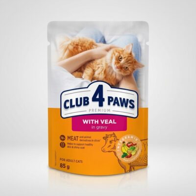 Club 4 Paws Plic cu Vițel în Sos, Hrană Umedă Premium pentru Pisici Adulte, 85 g
