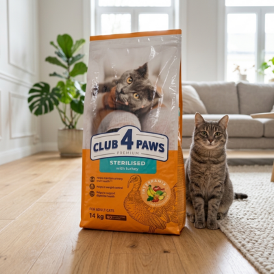 Club 4 Paws Sterilised cu Curcan, Hrană Uscată Premium pentru Pisici Sterilizate, 14 kg